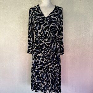 Chicos Travelers knit printed faux wrap midi dress Sz 1 Medium abstract artsy